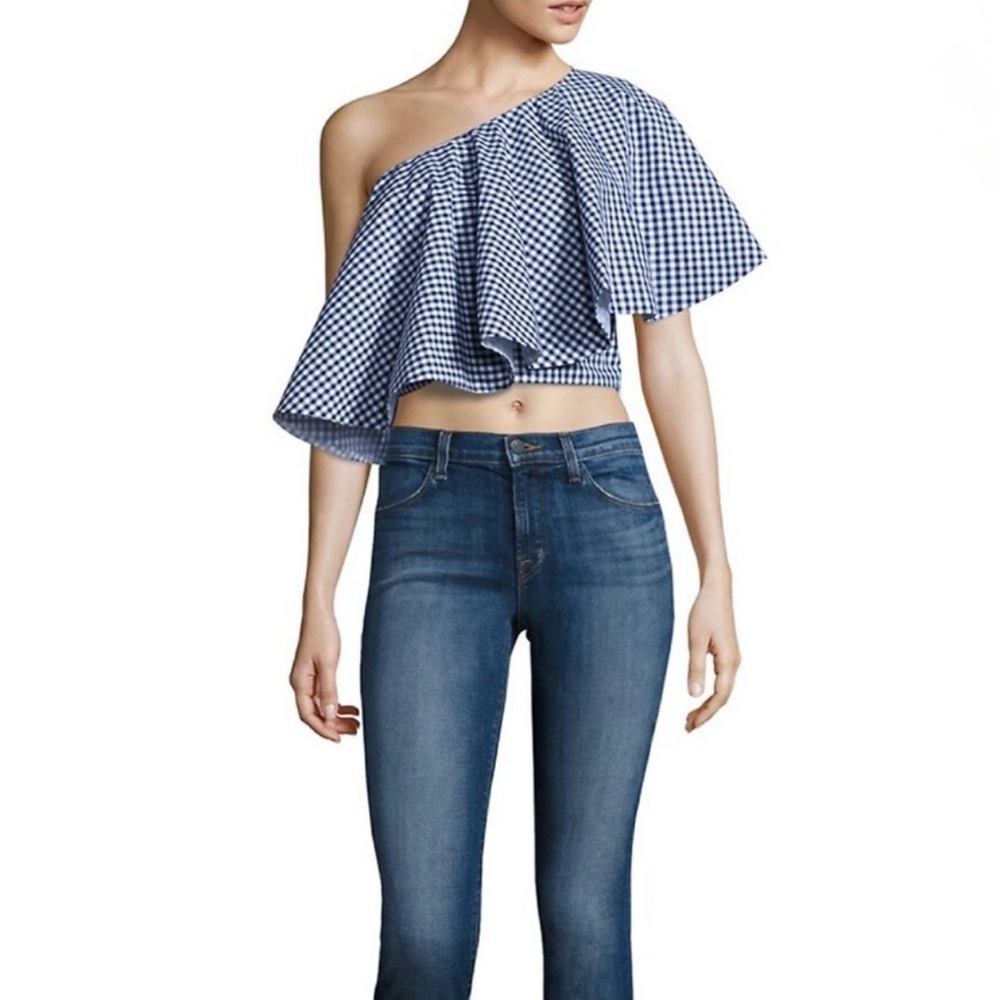 Viva Aviva Blue White Gingham One Shoulder Flounce Top NWT Large Cotton